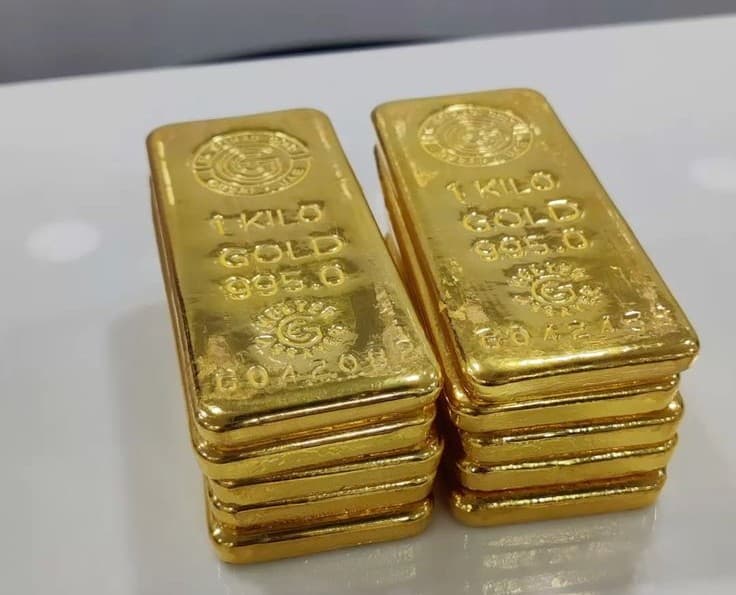Verschiedene Goldbarren und Goldmünzen